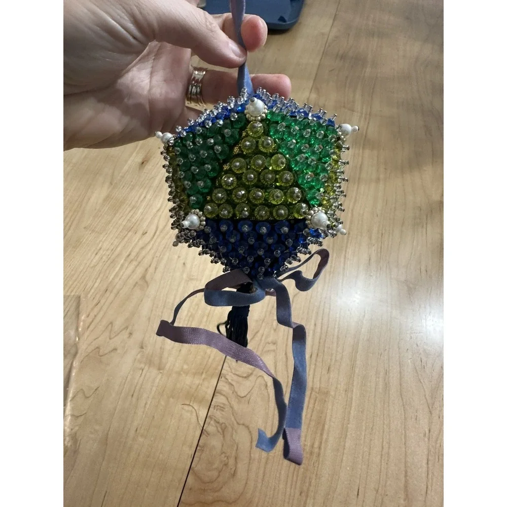 Push Pin Decorated Vintage Old Handmade Sequin Christmas Ball Holiday Ornament